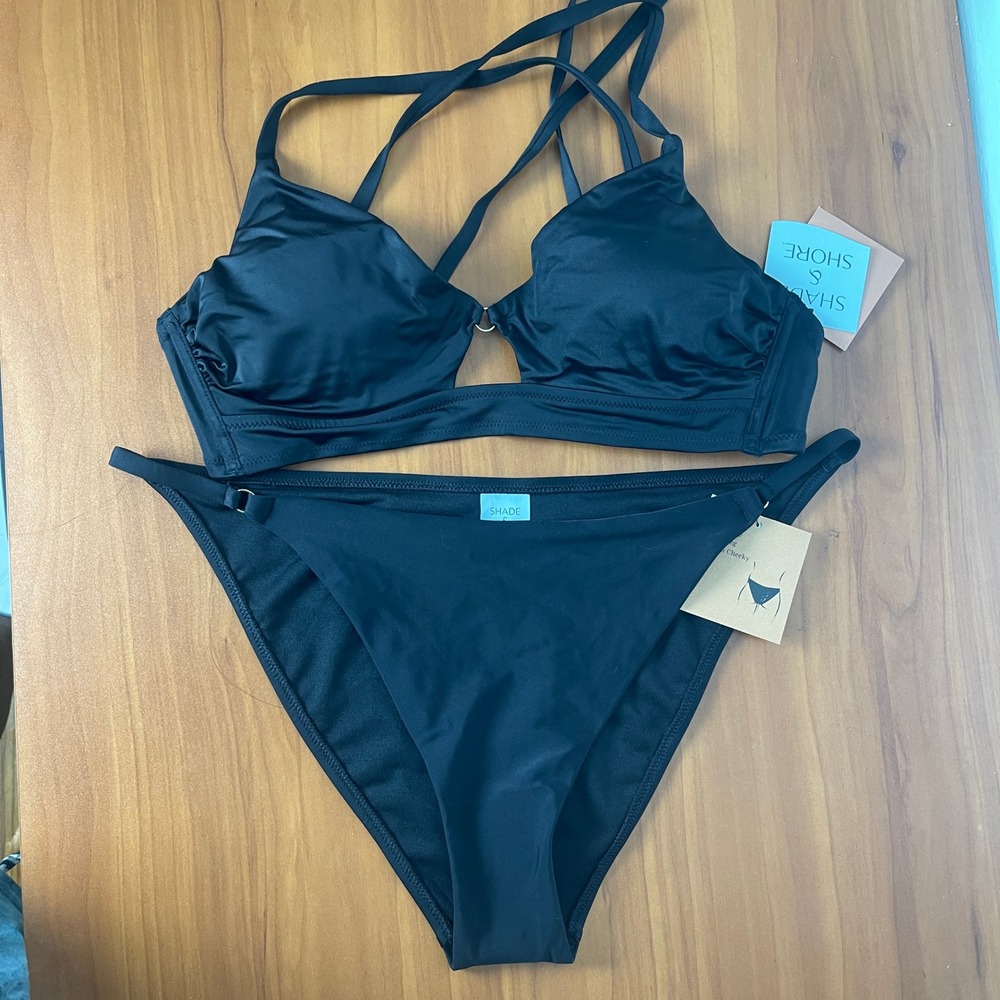 Shade & Shore Black 2-piece Bikini Set 34D Top Extra Cheeky High Leg Bottom XL